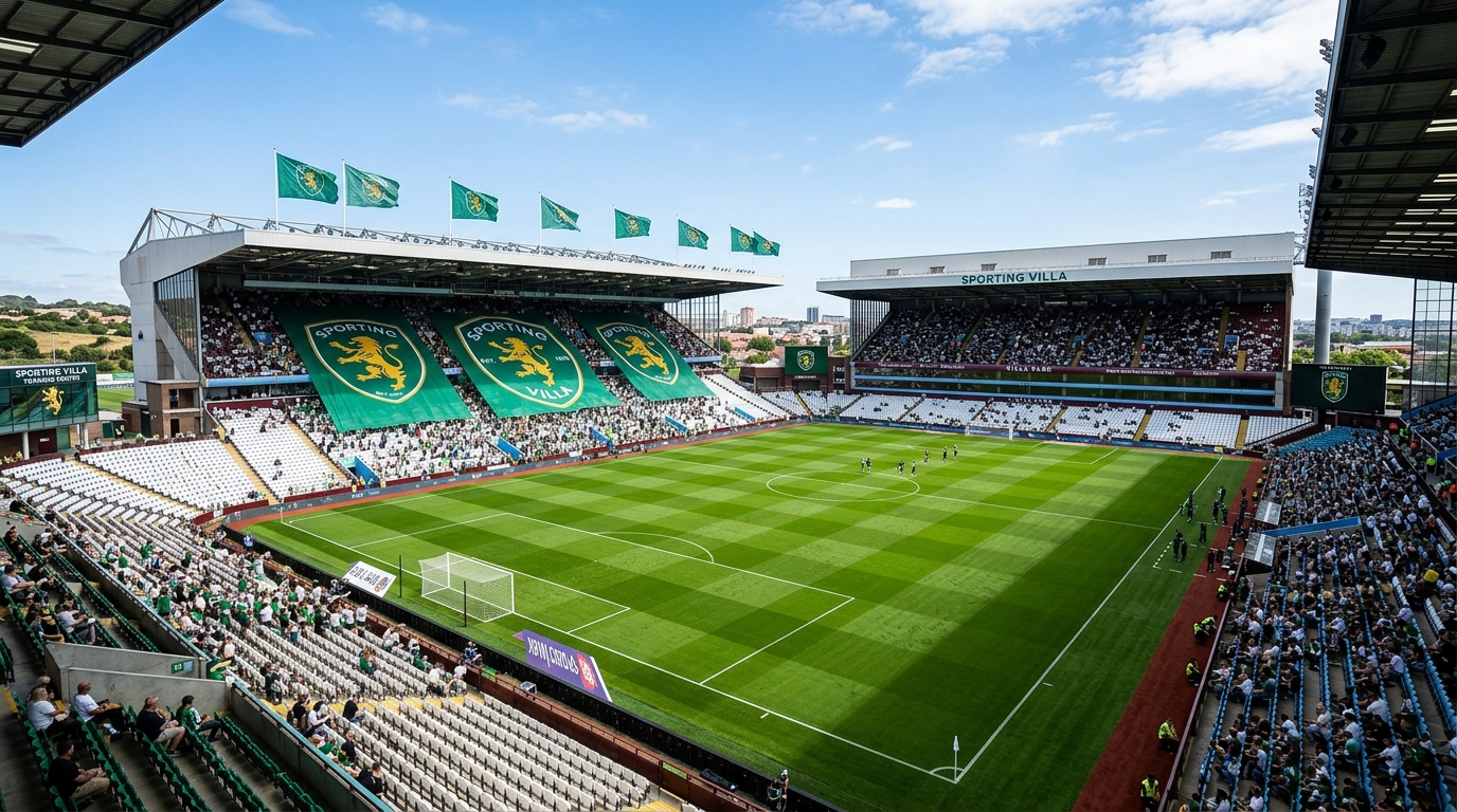 Estádio do Sporting Villa com bandeirões e torcida